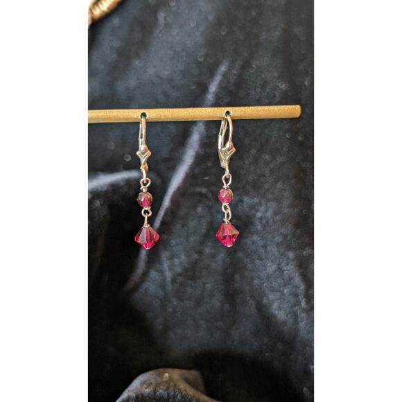 Vintage Garnet & Red Crystal Marked 925 Leverback Dangle Earrings - Picture 7 of 7